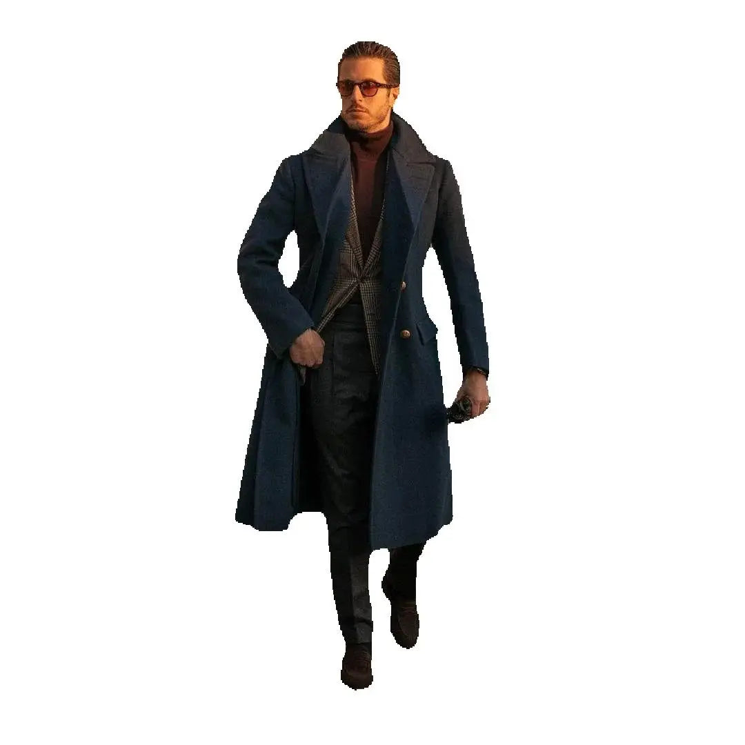 Wool Blend Coat Men Fashion Over Jacket Double Breasted Checkered Business Long Overcoat Plus Size Warm Formal Business Tailored