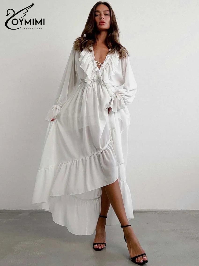 Abito bianco da donna con scollo a V e maniche lunghe