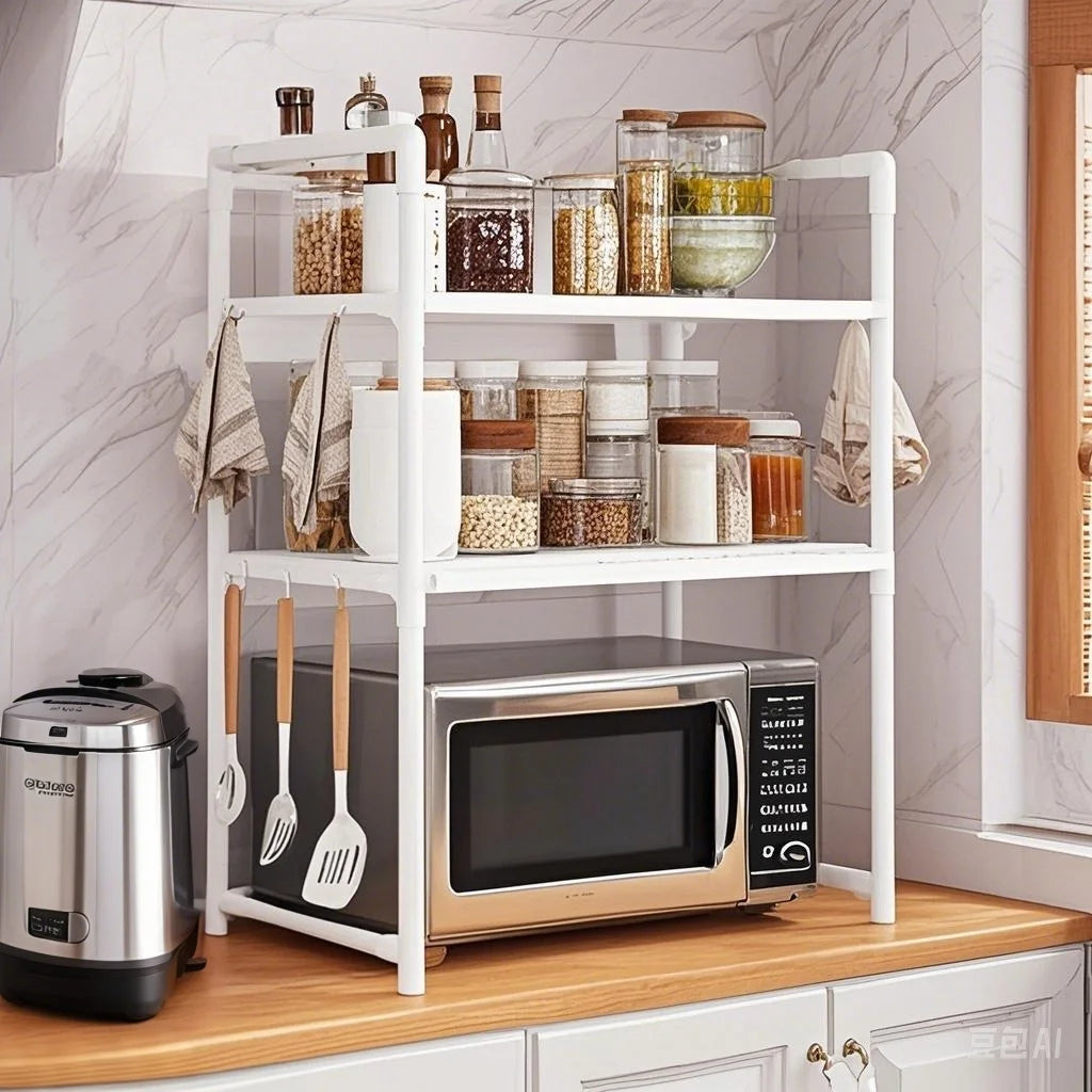 Durable Microwave Stand Shelf - Heavy Duty Countertop Rack for Oven, Spice & Dish Storage with Hooks, Plastic Utility Organizer