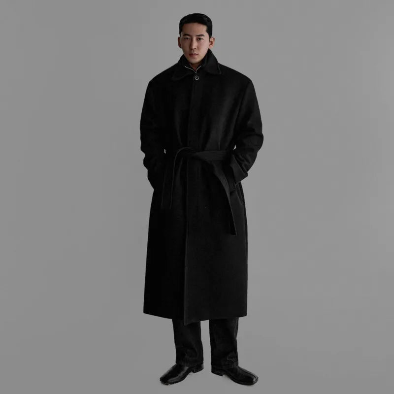 IEFB High-end Fashion Warm Solid Color Men's Wool Coat Turn Down Collar Long Sleeves Belt Tie Waist Coats Winter New Tide 9X2077