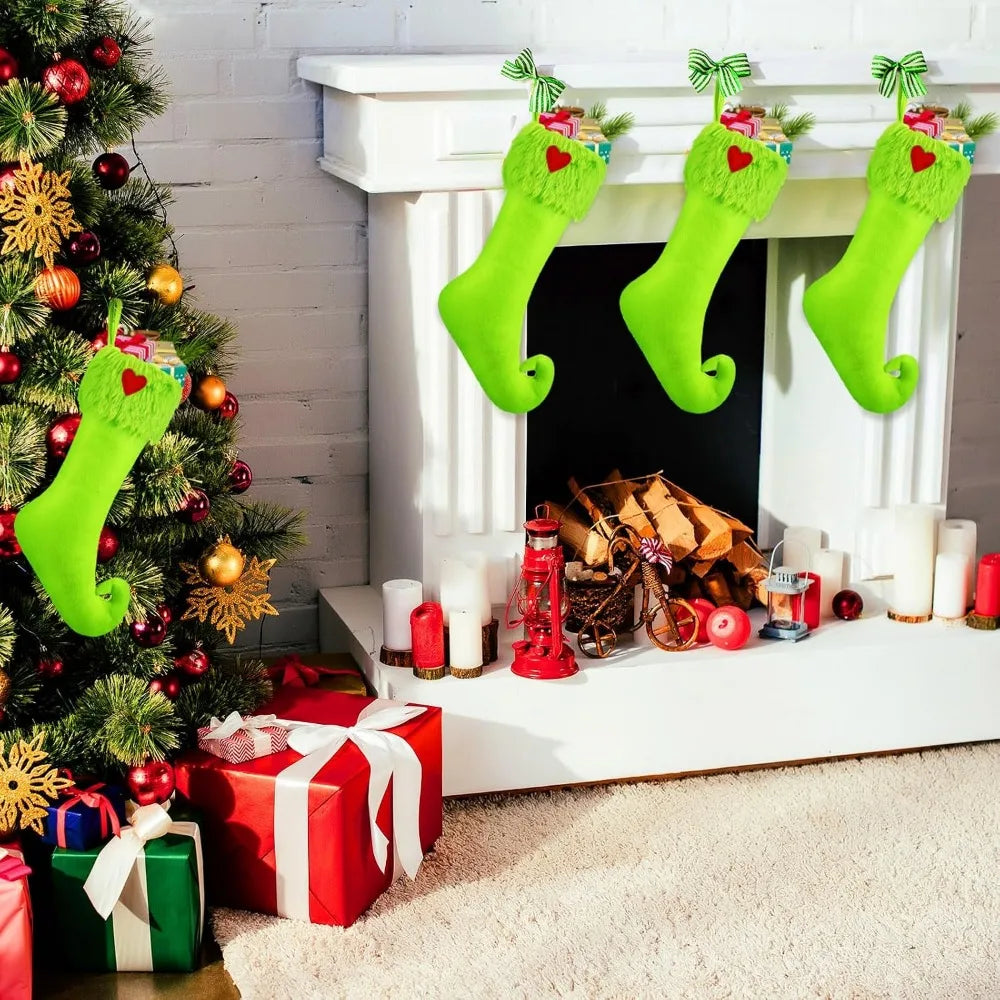 1/2/4Pcs Lime Green Elf Christmas Stockings, Faux Fur Red Heart Xmas Candy Treat Bag Fireplace Mantel Holiday Decor