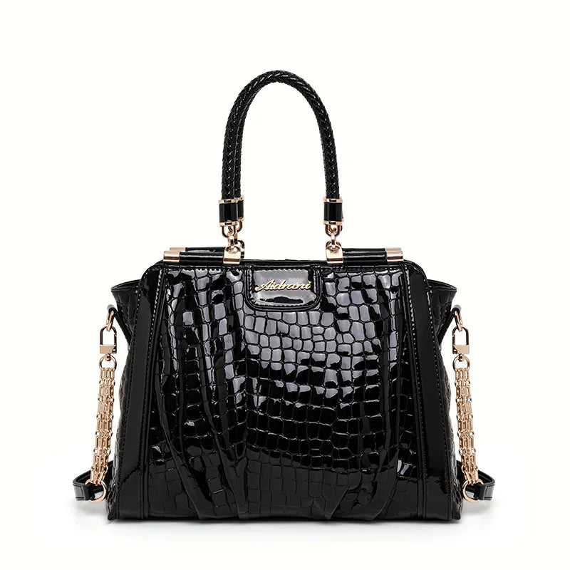 Aidrani New Glossy Croc Pattern Patent Leather Tote Bag Women Braided Handle Metal Chain Crossbody Daily Shoulder Handbag