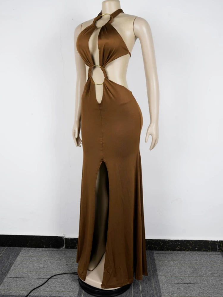 Beyprern Neues schickes Neckholder-Maxikleid mit V-Ausschnitt, O-Ringen, Glamour, sexy rückenfreiem Design, Raffungen und hohem Schlitz, Partykleid, Geburtstagsoutfit