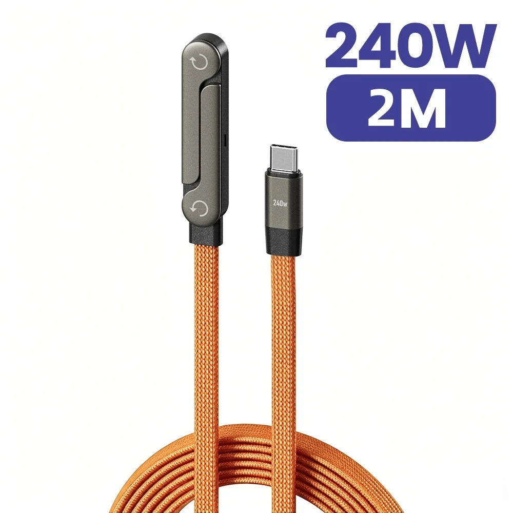 240W 2-in-1 Type-C to USB-C Fast Charging Data Cable with Foldable Phone Holder, Type-C Fast Charging Cable for iPhone 17, Black/Orange