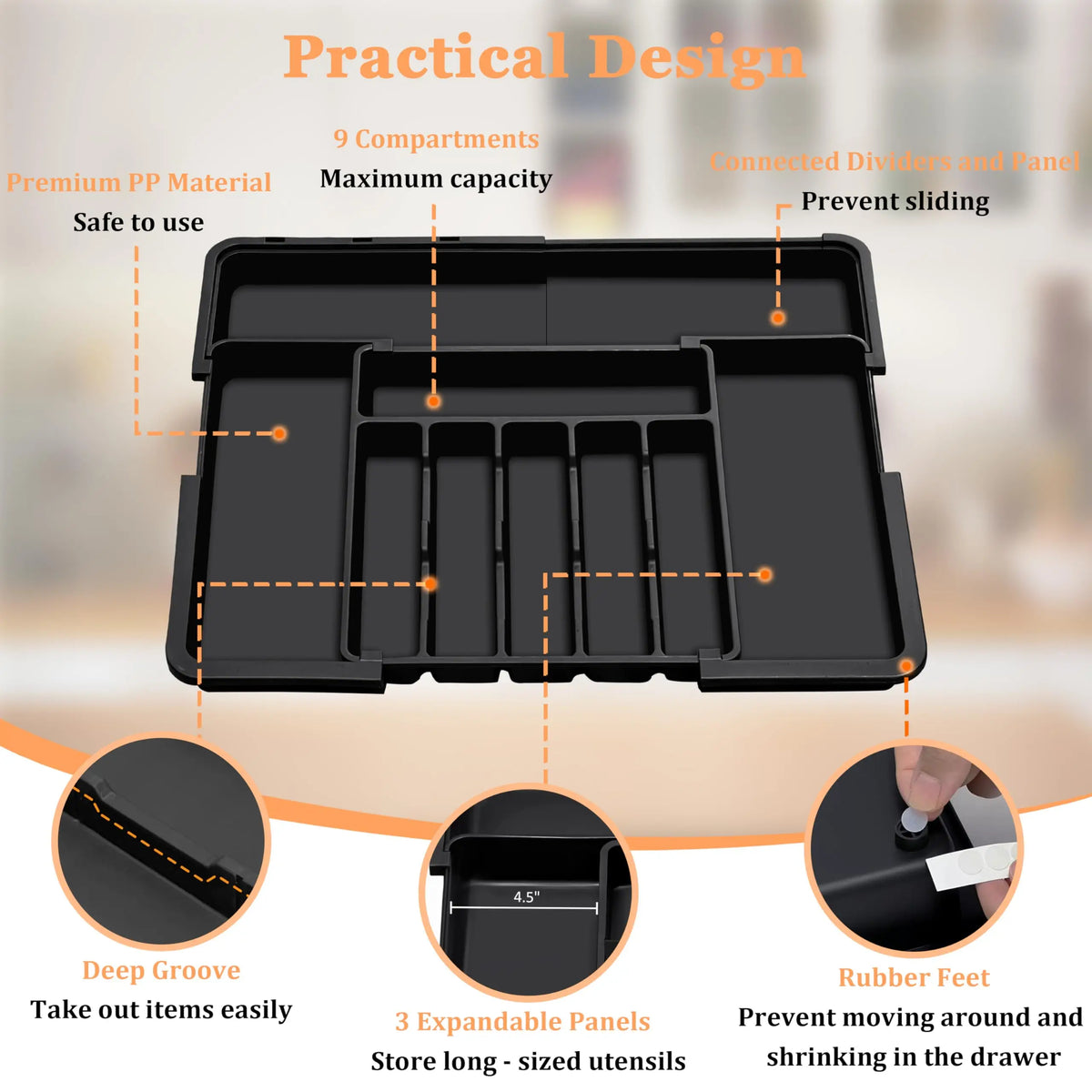 Organisateur de couverts extensible, organiseur de tiroir pour ustensiles de cuisine, grand plateau réglable pour couverts, noir