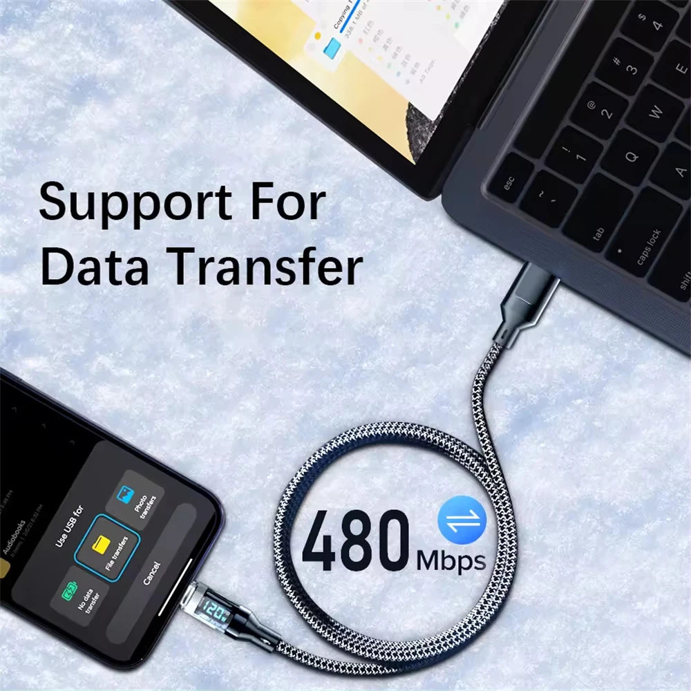 NNBILI 120W USB A to Type C Super Fast Charging Cable Digital Display USB Type C to Type C Data Cable For iPhone Android Phones