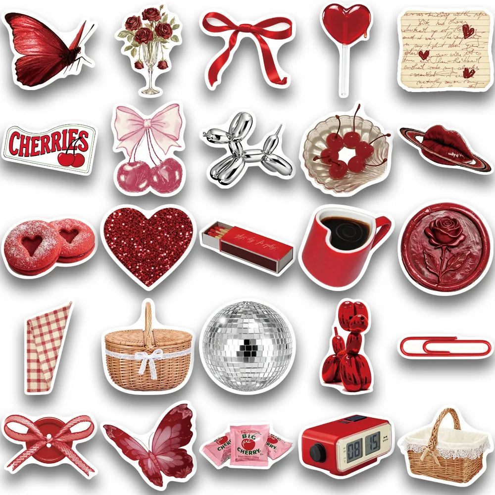 50pcs y2k style cherry colored stickers, suitable for decorating tablets, luggage, storage boxes, waterproof stickers