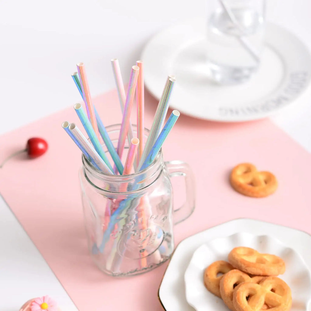 50/100/150pcs Iridescent Paper Straws for Party Supplies Birthday Wedding  Baby Shower Party Decor Golden Silver Straw