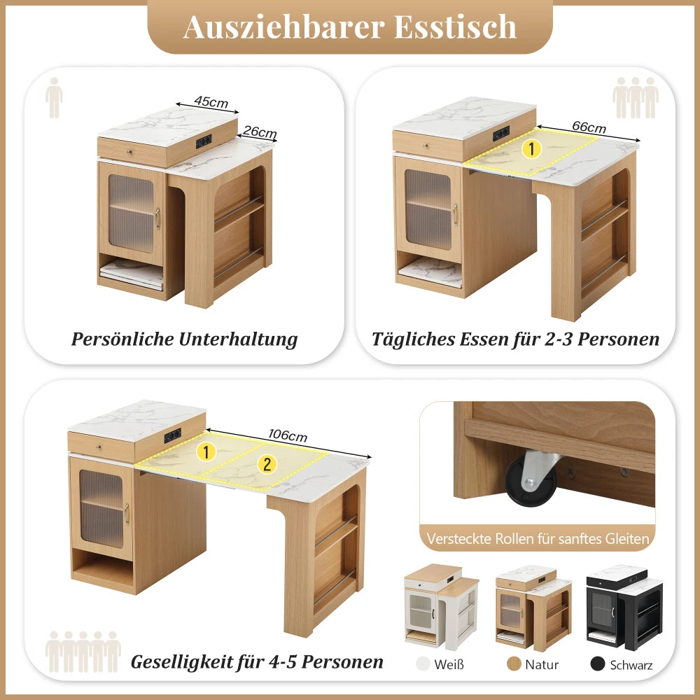 Rollbare Kücheninsel mit ausziehbarem Esstisch und abnehmbarer Tischplatte, Bartisch mit Steckdosenleisten, Mehrzweckmöbel als Kücheninsel, Buffet, Sideboard oder Bartisch für Küche und Esszimmer, Natur