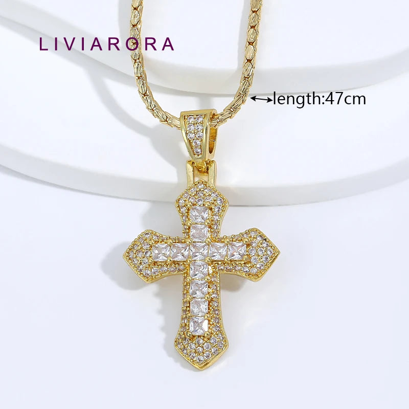 1Pc 18K Gold Plated Brass Iced Out Cross Pendant Necklace Hip Hop Religious Cross Pendant Necklace For Unisex Jewelry Gift