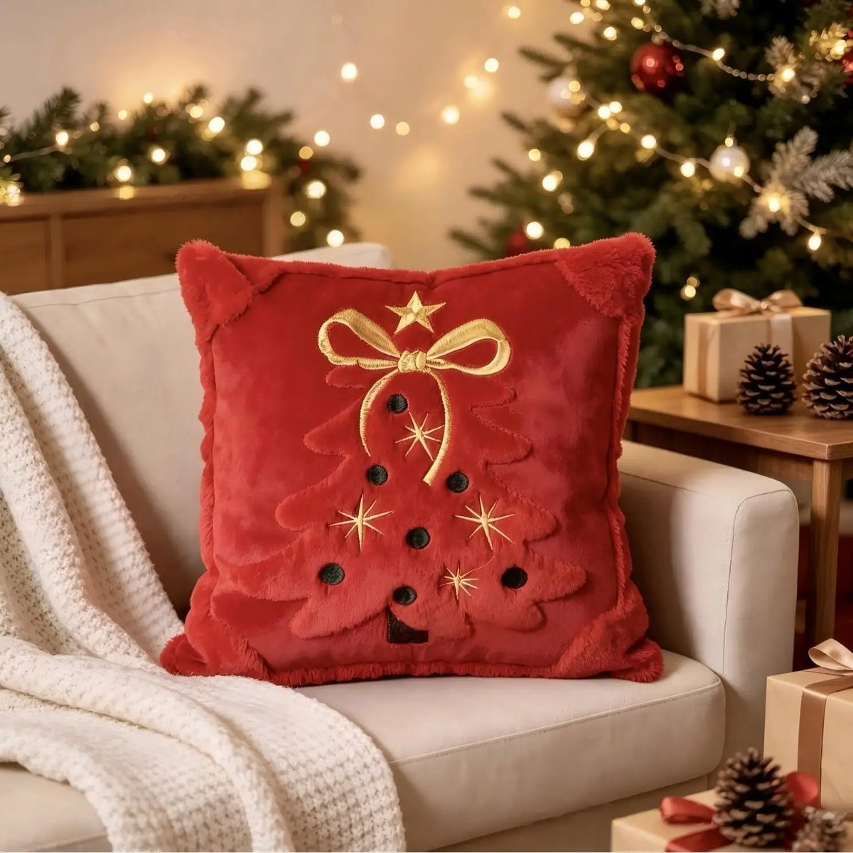 3D Christmas Tree Throw Pillow Covers Faux Plush Embroidered Xmas Tree Pattern Cushion Covers Sofa Couch Home Decor