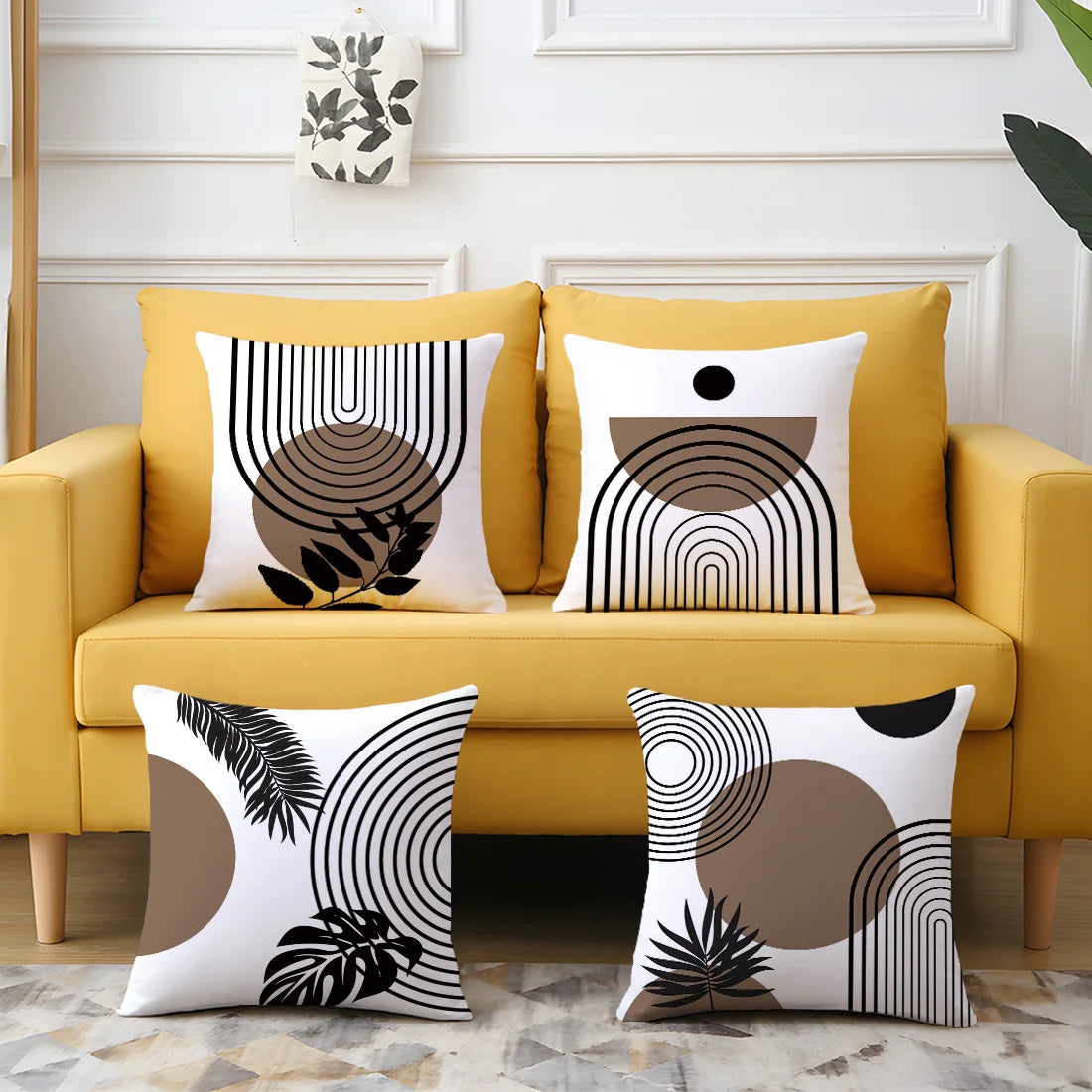 Housse de coussin à motif géométrique moderne et imprimé feuilles en polyester, taie d'oreiller décorative pour canapé, coussin de tête de lit