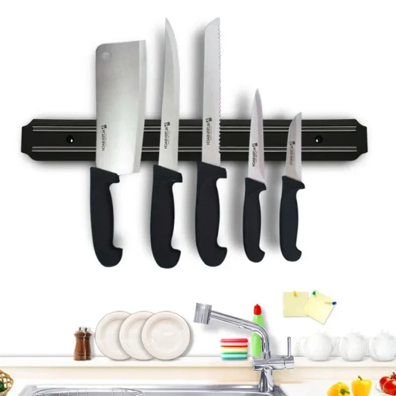 Powerful Magnetic Knife Holder, Multifunctional Wall-Mounted Knife Rack, Black, Practical Kitchen Organizer, No Drilling Required