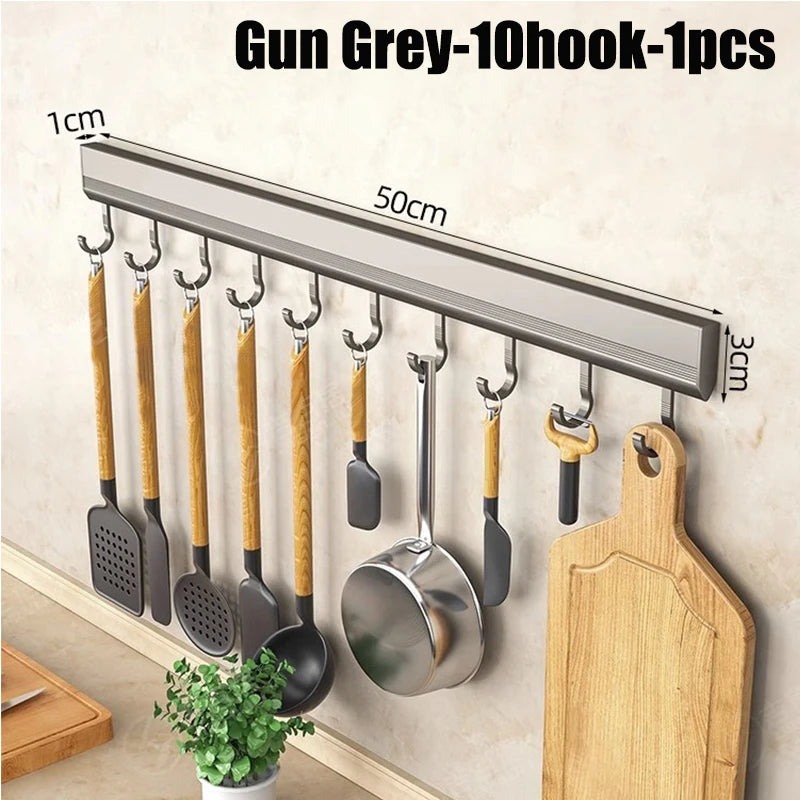 Estante de almacenamiento de cocina de aleación de aluminio con ganchos, montado en la pared, para utensilios de cocina, batas y toallas