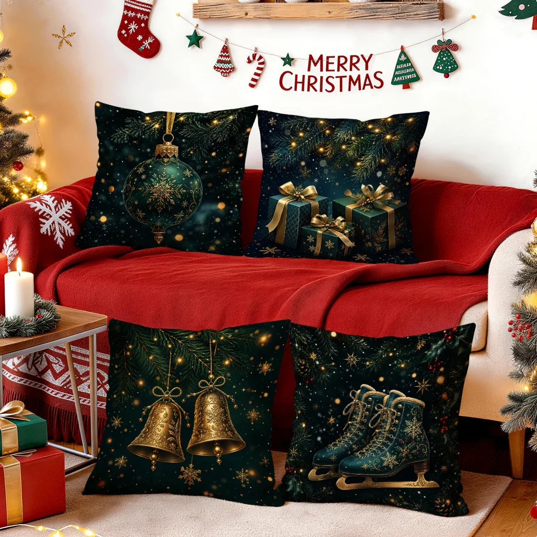 Christmas-themed Gold Accessories Cushions Pillowcase Polyester Cushion Cover Throw Pillow Pillowcover Home Car Sofa Decor