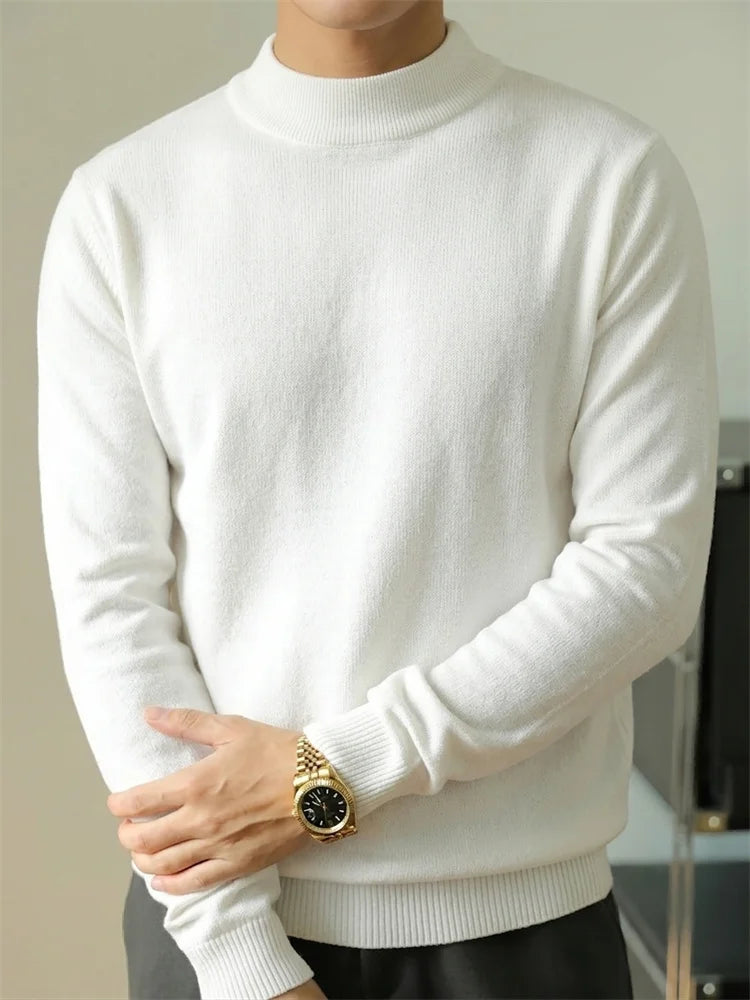 Autumn Men's Sweater Slim Fit Long Sleeve Mock Neck Casual Warm Knitwear Solid Color Fashion Simple Style Knitted Pullovers