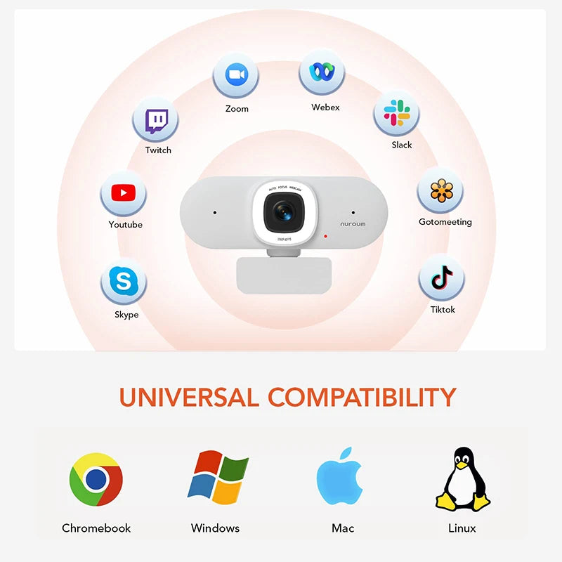 NUROUM V15AFL 2K Auto Focus Webcam with Ring Light, White USB HD Web Camera for PC Laptop, 1080P Low Light Enhancement, Noise Cancelling Mic, Plug & Play for Zoom Teams Video Conferencing Remote Work
