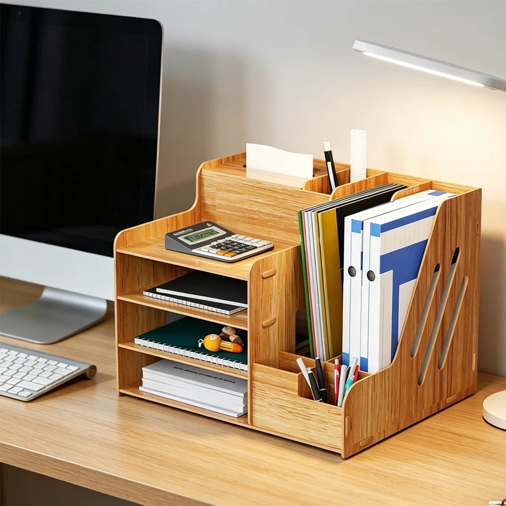 Wooden Desktop Organizer with Drawer and Compartments