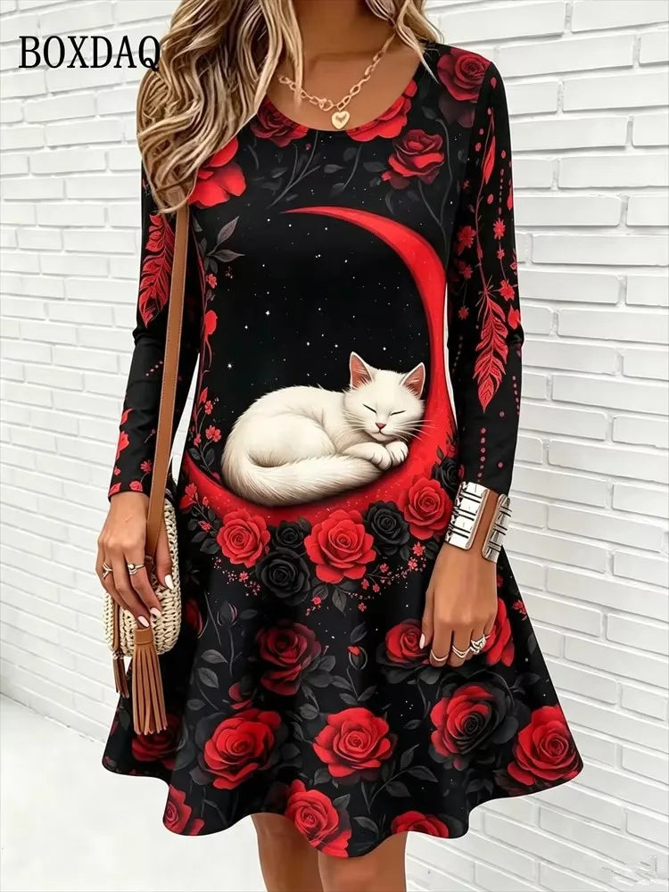 Abito corto da donna a stampa animalier e maniche lunghe