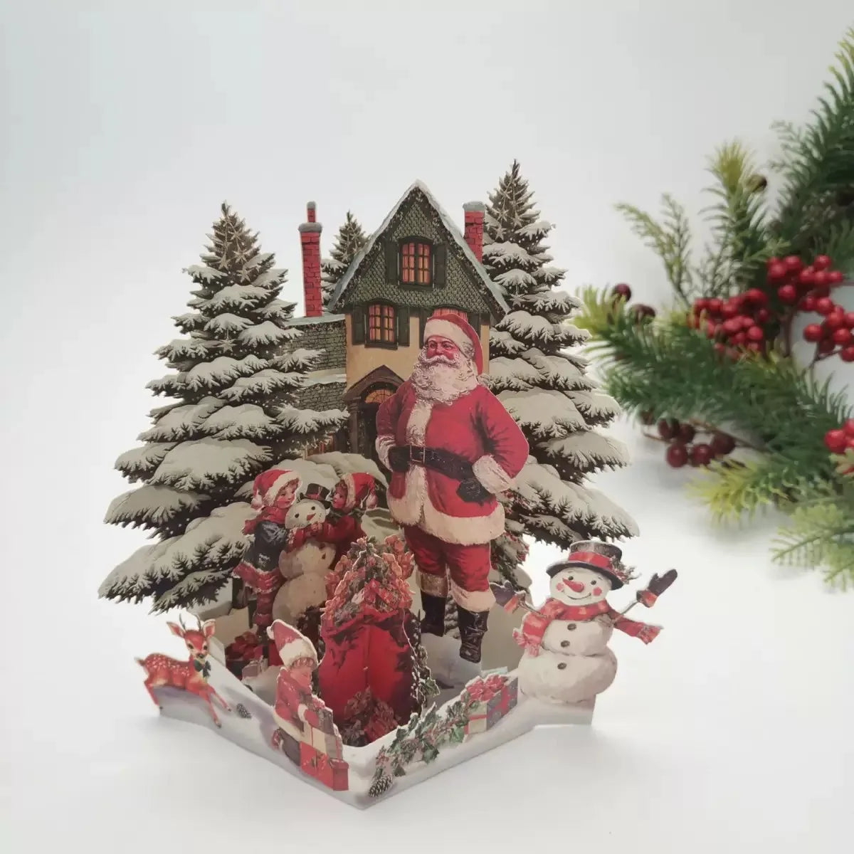 Christmas Tree Greeting Cards Santa Claus Reindeer Xmas Party Pop Up Card 3D Postcard with Envelope Holiday Decor Supplies 1pcs