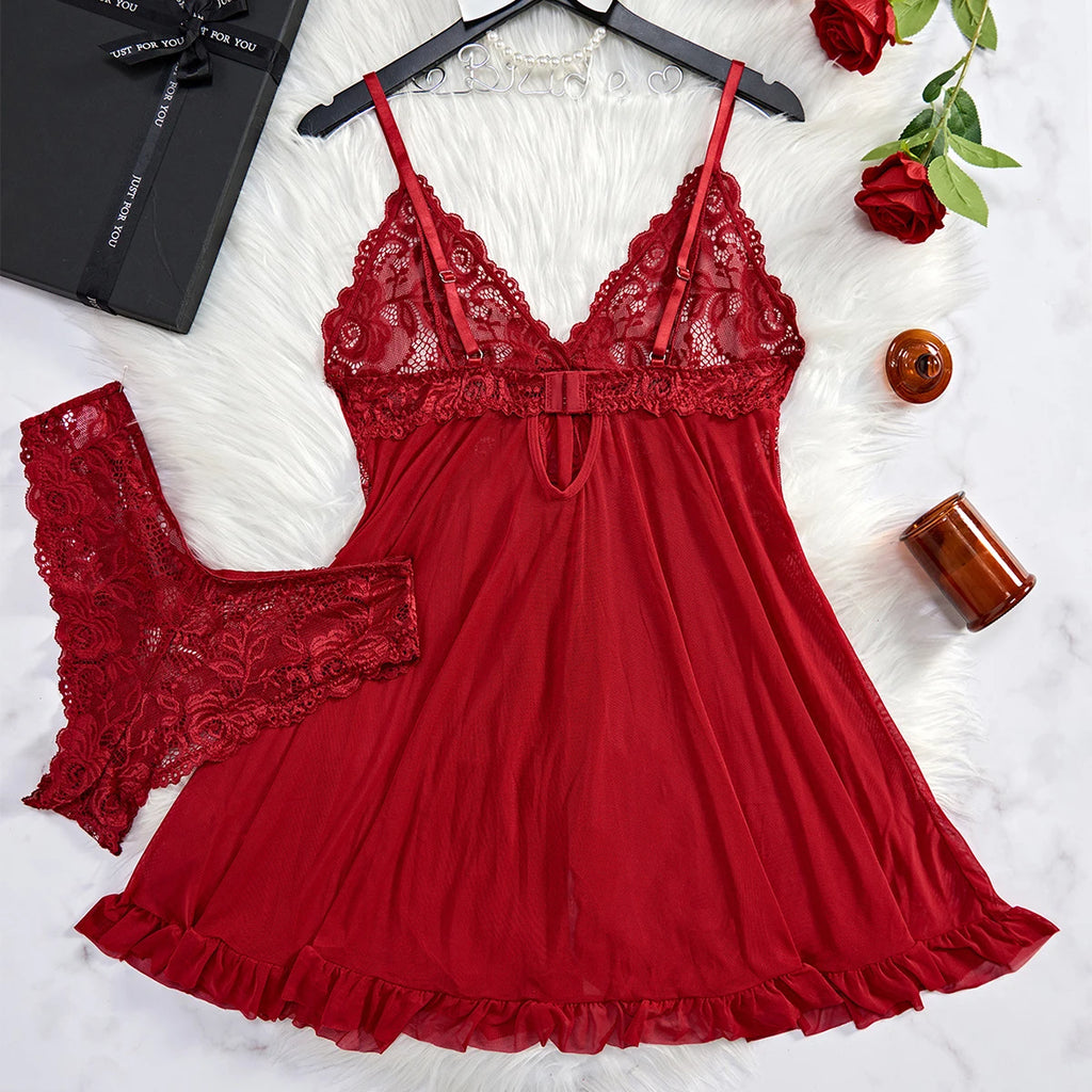 Vestido de lencería sexy de verano para mujer, camisón de encaje transparente, ropa de dormir, ajustado, suave, con cuello en V, vestido y camisón completo.