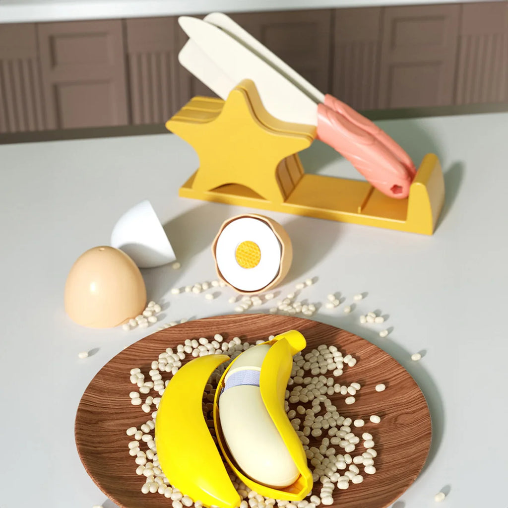 Juego de cocina con alimentos de juguete para cortar: frutas, verduras y comida rápida para jugar a cocinar. Regalo educativo para niños y niñas pequeños y bebés.