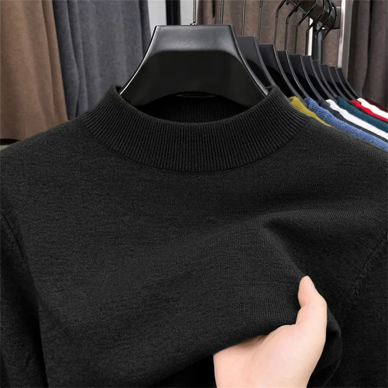 Men Mock Neck Knitted Pullover Solid Color Slim Fit Long Sleeve Basic Style Casual Warm Autumn Sweater Male Knitwear Tops