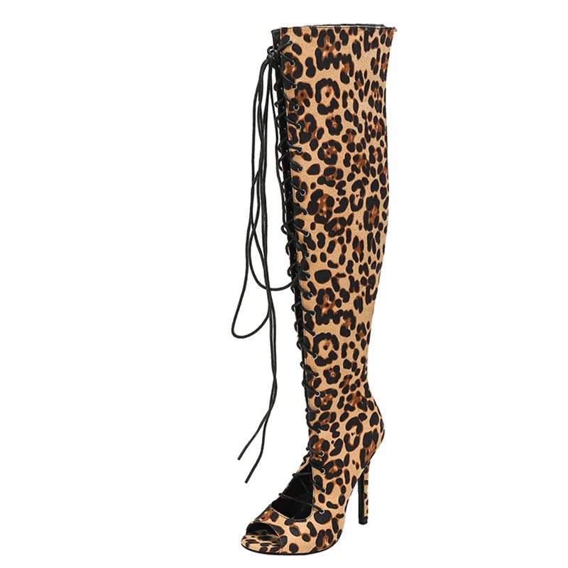 Stivali donna Liyke leopardati con lacci e punta aperta