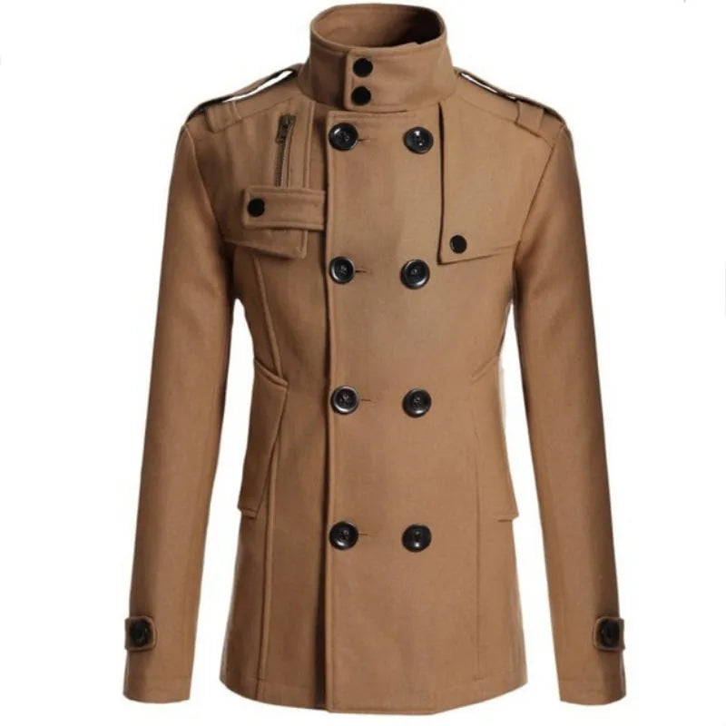 Mens Double Breasted Cotton Coat  New Wool Blend Solid Color Casual Business Fashion Slim Trench Coat Jacket Mens Clothing