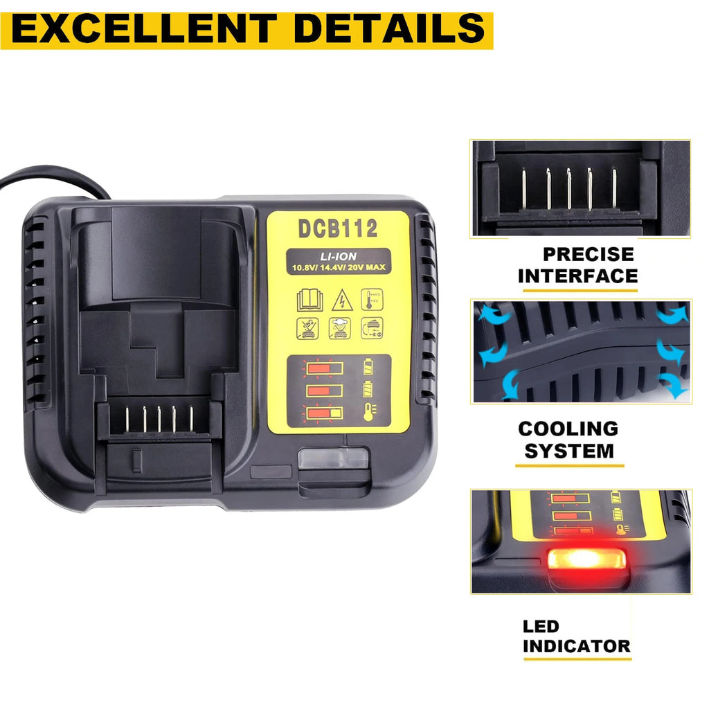 DCB112 Ersatzladegerät für Dewalt 12V/20V Akku-Ladegerät kompatibel mit Dewalt 12V/20V Max Akku DCB200 DCB203 DCB125 DCB107