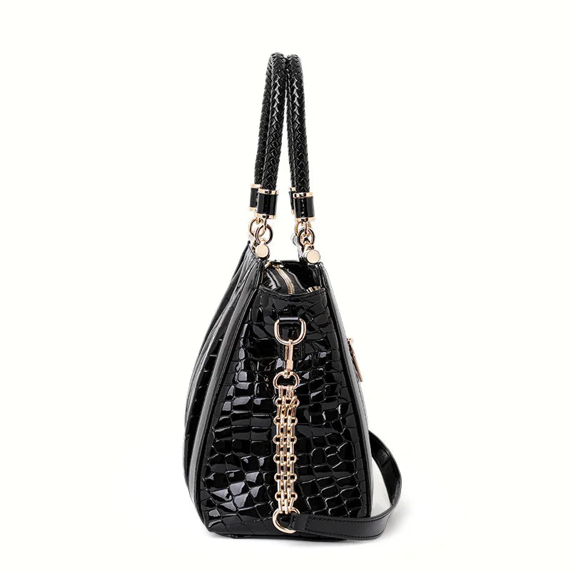 Aidrani New Glossy Croc Pattern Patent Leather Tote Bag Women Braided Handle Metal Chain Crossbody Daily Shoulder Handbag