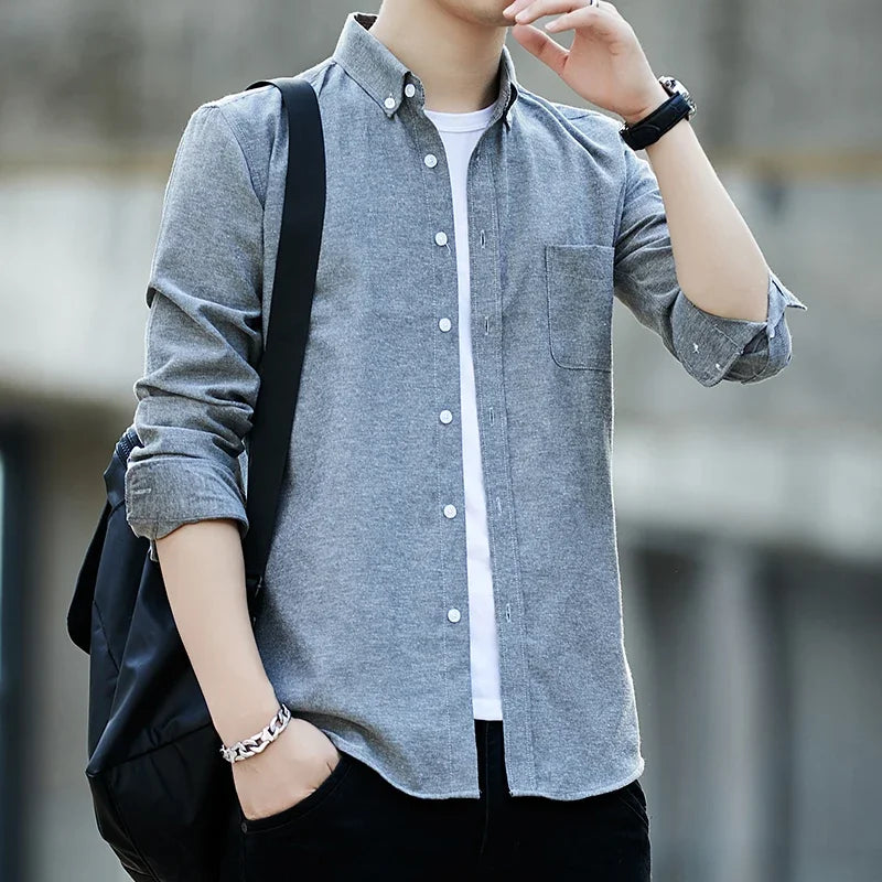 Autumn New Long Sleeve Solid Shirts for Men Casual Turn-down Collar Blouse Fashion Casual Business Slim Fit Shirts Button Tops
