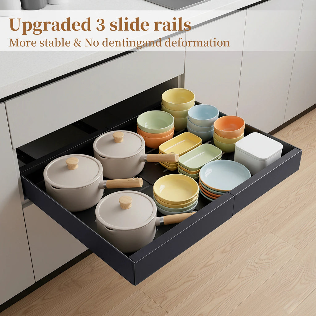 Ausziehbarer Schrankorganizer aus Karbonstahl, verstellbares Ausziehregal mit 31–51 cm Breite, platzsparender Regaleinsatz für Küchenschränke, Speisekammer und Badezimmer
