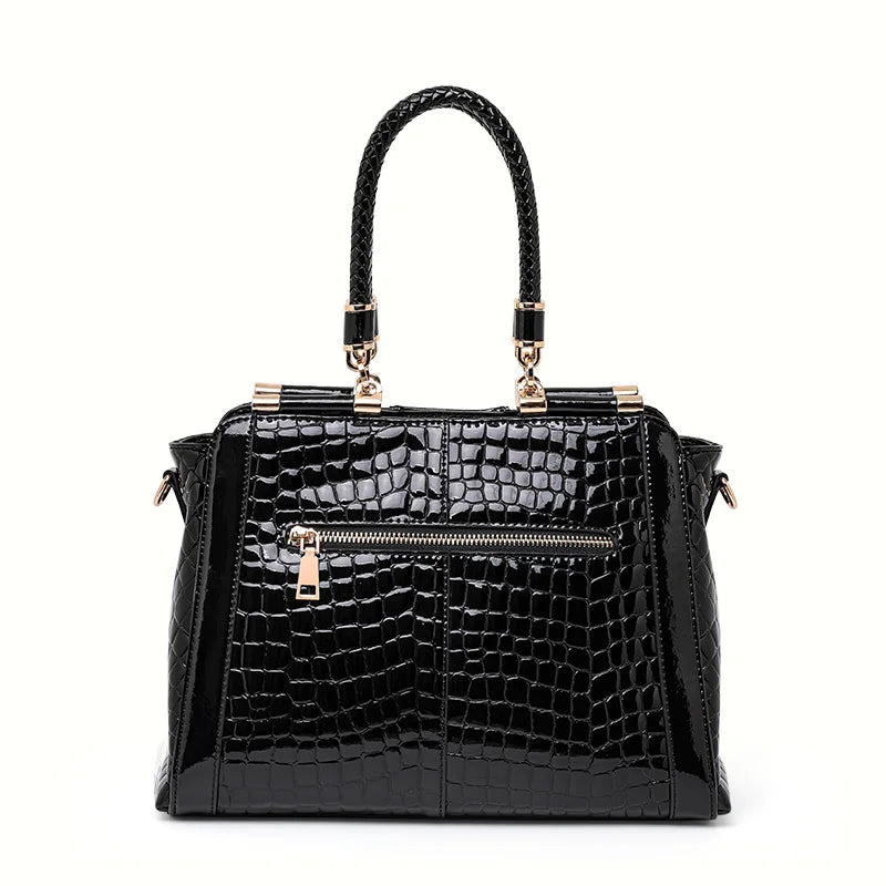 Aidrani New Glossy Croc Pattern Patent Leather Tote Bag Women Braided Handle Metal Chain Crossbody Daily Shoulder Handbag