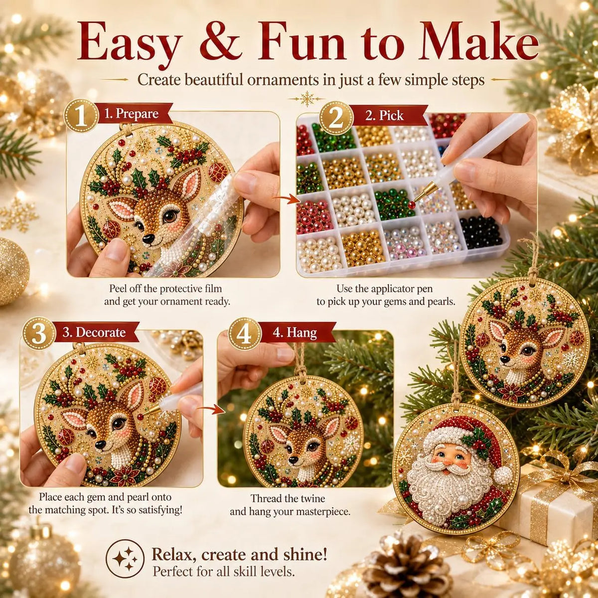 6Pcs Wooden Christmas Ornaments DIY Pearl Art Kits Hanging Diamond Art Christmas Tree Ornaments Set with Pearls Home Decoration