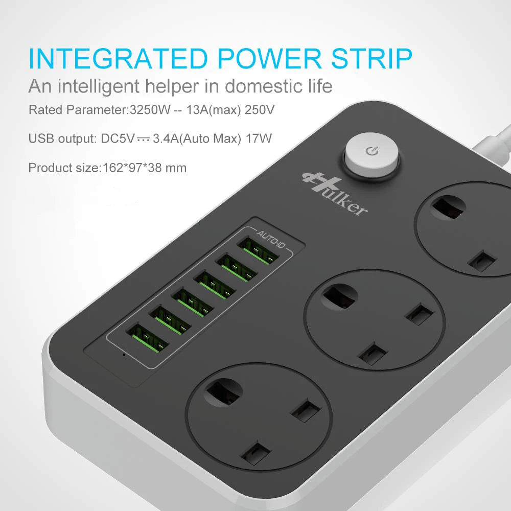 Regleta de enchufes tipo cubo con 6 puertos USB, 13A, 3250W, Hulker, 3 tomas de corriente con interruptor, regleta de alimentación de 3 vías con 6 puertos USB, 1,5 m