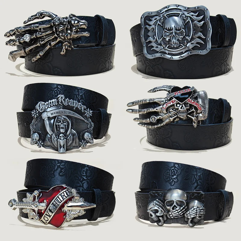 Ceinture en cuir grande taille tête de mort punk pour femmes et hommes, accessoire gothique Harajuku Y2K avec décoration main de squelette en relief pour Halloween