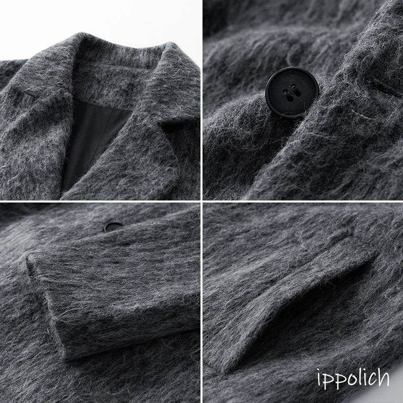 Autumn Winter Fleece Coat Mid-length Gray Oversized Thickened Warm Imitation Cashmere Blends Coat Men Double-breasted Trend Coat