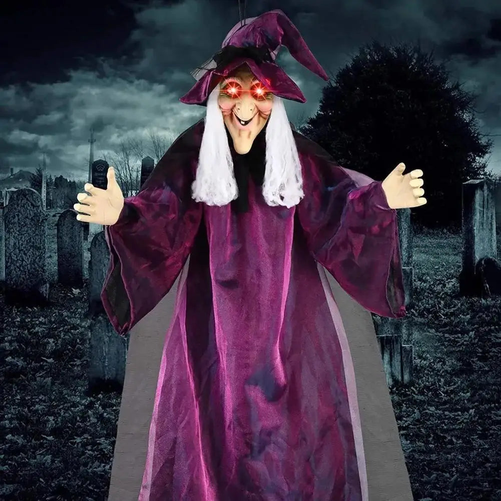 Bruja parlante de tamaño real para Halloween, bruja animatrónica morada de terror para exteriores, decoración luminosa y gritona con control por voz