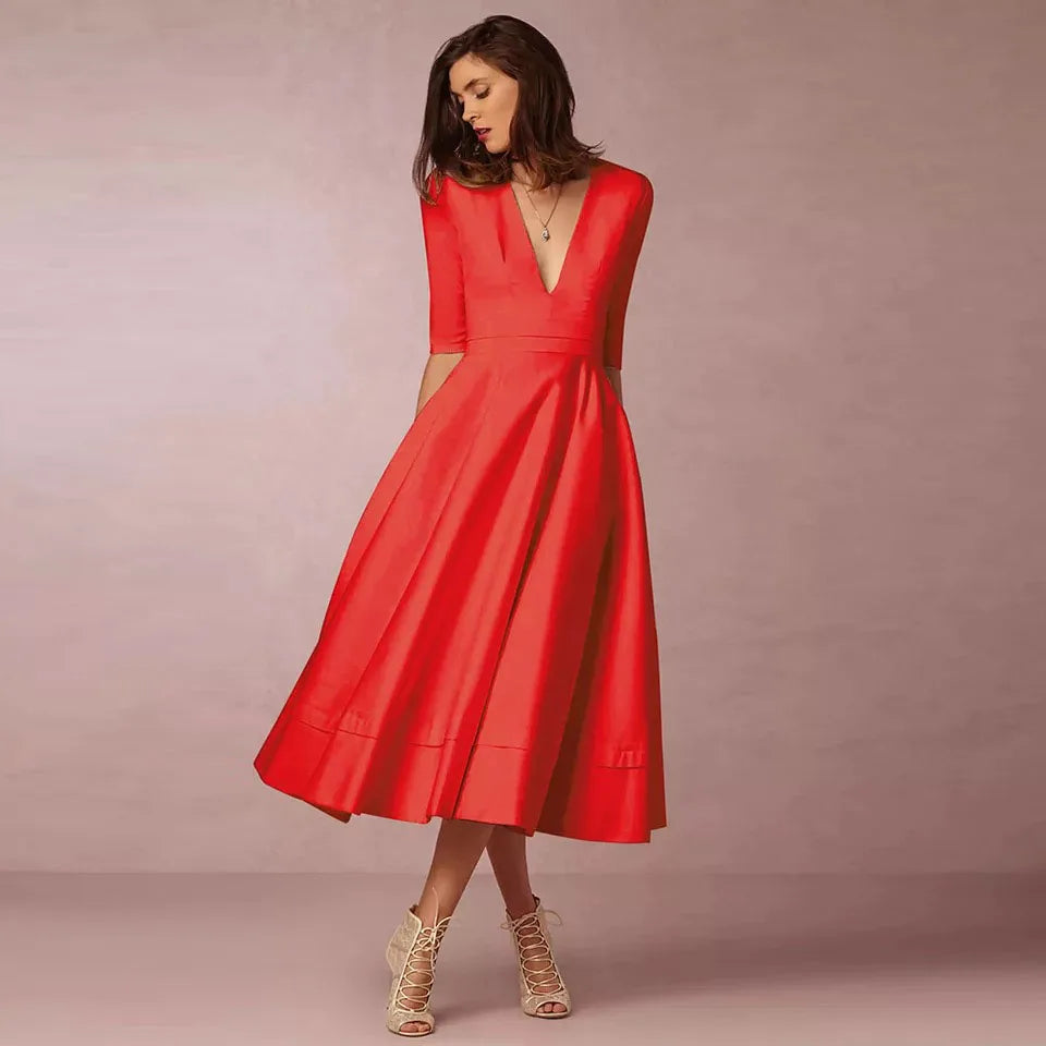 Abito midi da donna con scollo a V e spacco
