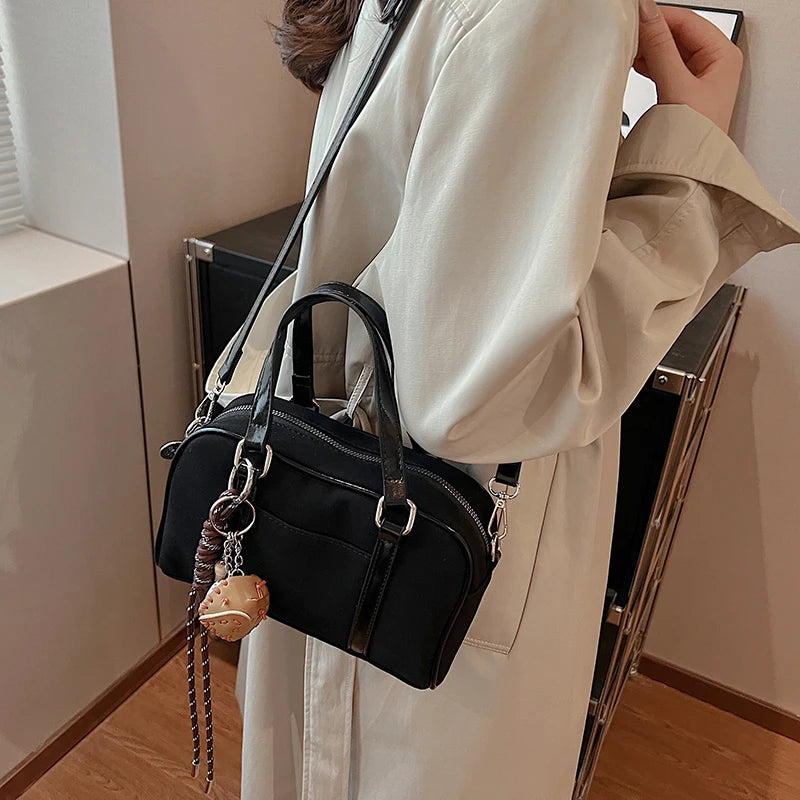 Mini Boston Top-handle Bags For Women PU Suede Pure Color Shoulder Crossbody Bag With Base Ball Pendant 2025 New Luxury Handbags