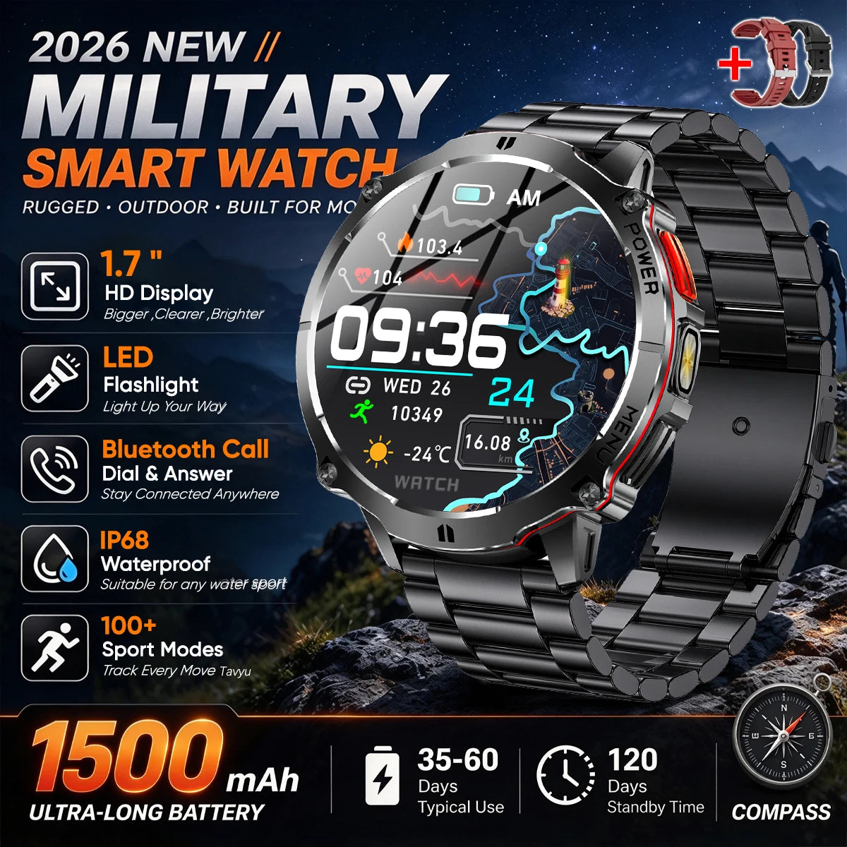 Military T-Rx6 Smartwatch,1.7'AMOLED Screen,150 Day Battery,IP68 Waterproof,Metal,120 Fitness Modes,Flashlight,For Men Women New