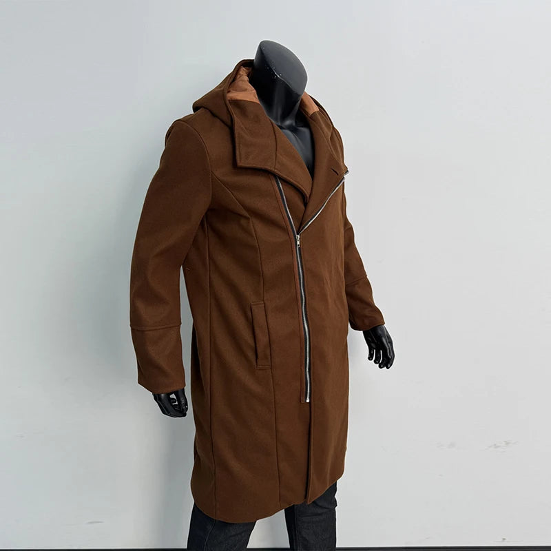 Men Hooded Wool Blend Coat Asymmetric Zip Autumn Winter Warm Long Overcoat Stylish Mens Outerwear Jacket Chic Streetwear M-2XL