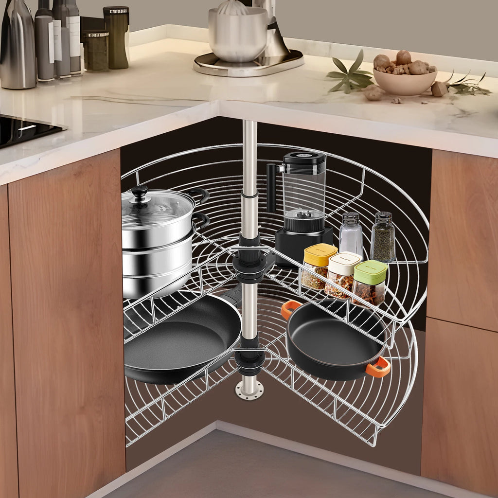 Organizador de rincón para armario de 2 niveles con rotación de 270°, cesta de almacenamiento para rincón ciego de altura ajustable en color plata, ideal para utensilios de cocina