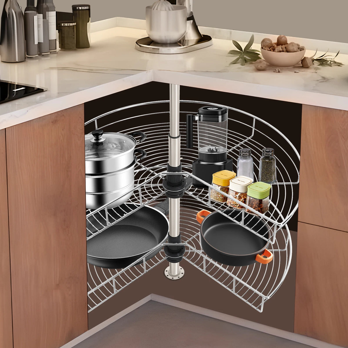 2-Tier 270° Rotating Corner Cabinet Organizer, Silver Adjustable Height Blind Corner Storage Basket Ideal for Kitchen Supplies
