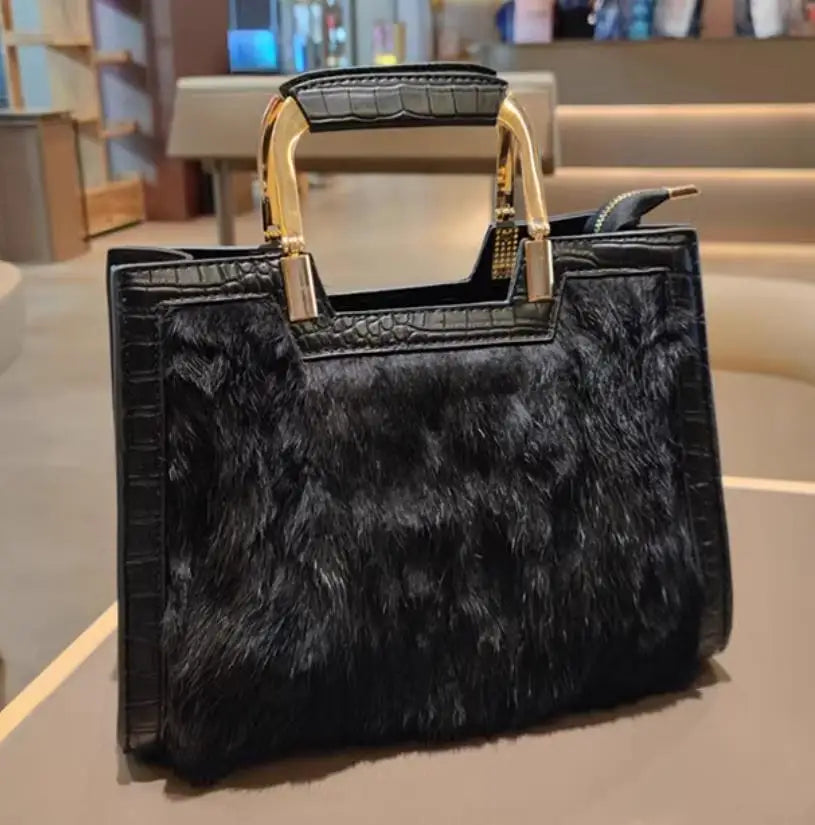 Genuine Leather Women's Handbag Luxury Fashion Real Rabbit Hair Single Shoulder Messenger Bag Large Capacity Portable Tote Bags