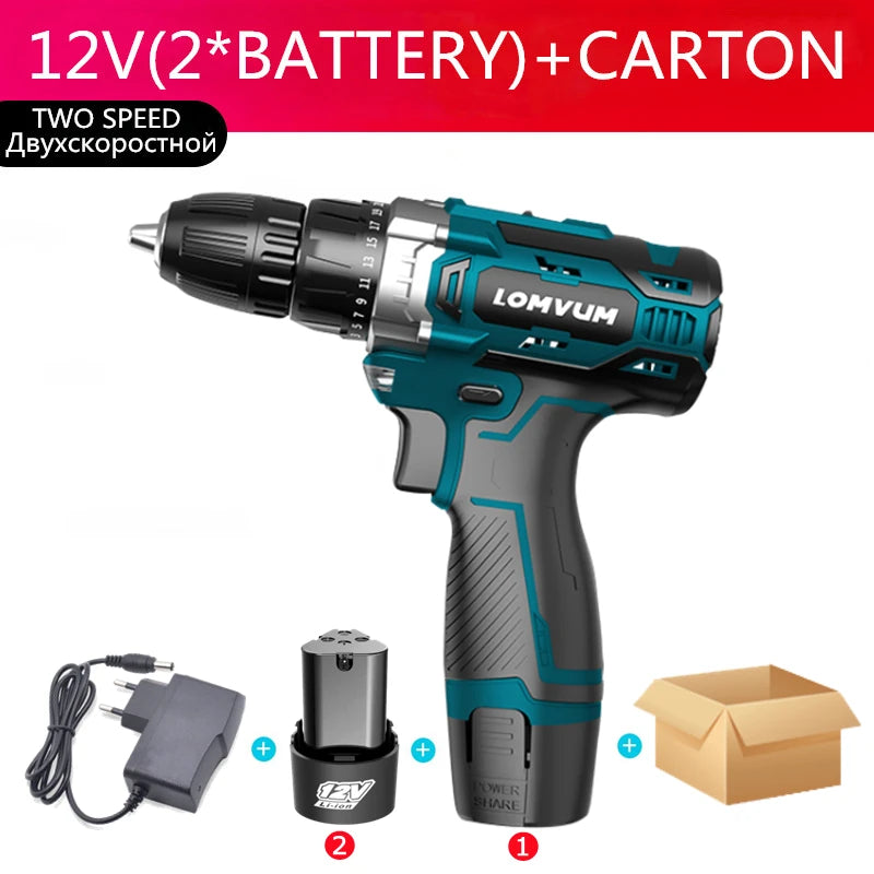 lomvum 12v 16.8v 25v cordless screwdriver with spare lithium ion Battery Electric Drill Home Multifunction Electric Screwdriver