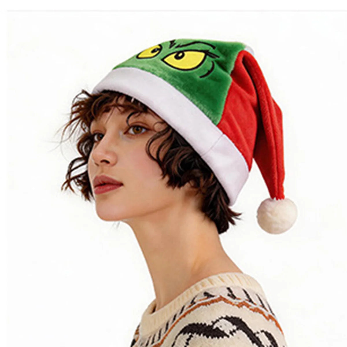 Plush Christmas Hat Embroidered Color Blocked Christmas Hat for Men and Women Christmas Party Hat