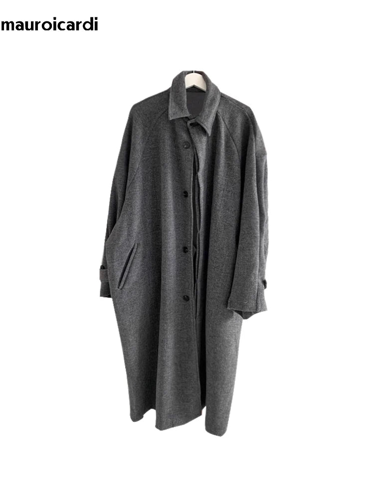 Mauroicardi Autumn Winter Long Warm Grey Black Slouchy Woolen Coat Men Single Breasted Loose Casual Wool Blends Overcoat 2023