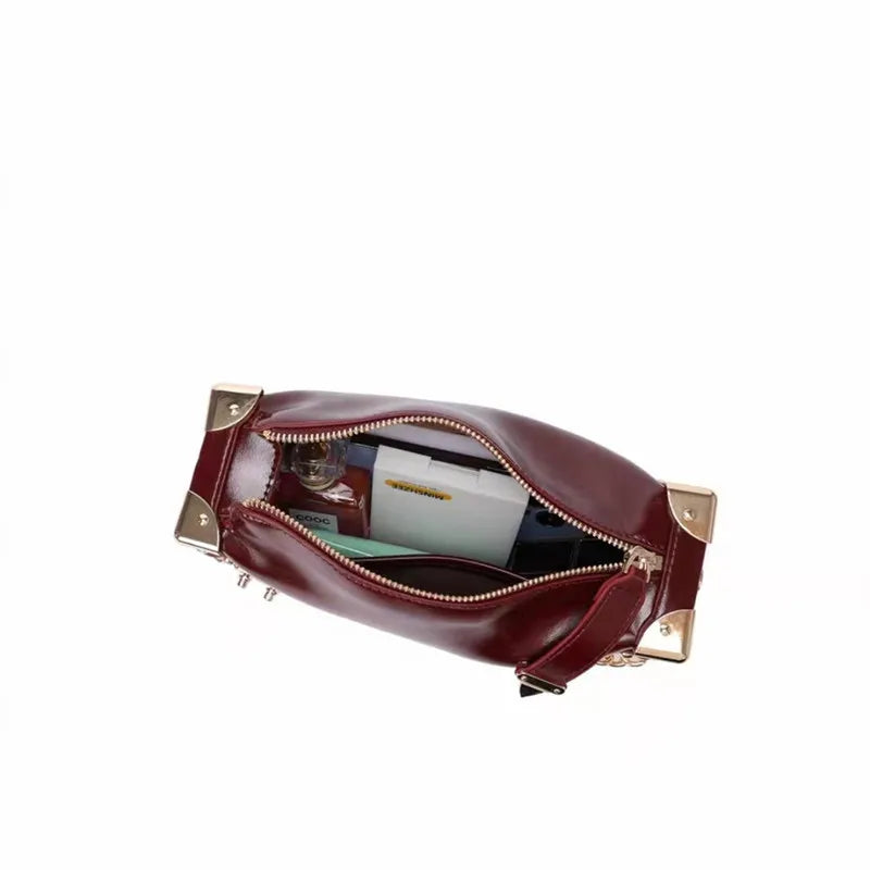 Retro Genuine Leather Handbag Splicing Metal Heavy Industry Small Square Bag for Women 2024 Luxury High-end Shoulder Armpit Bag